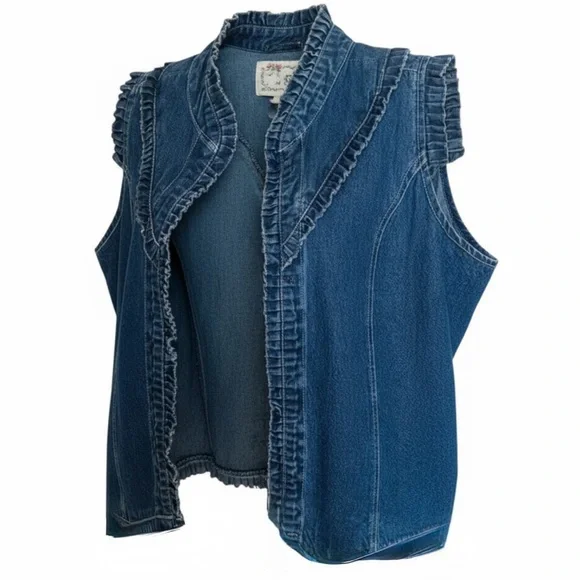 Vintage 90’s Tantrums Denim Ruffle Trim Open Front Lagenlook Boho Vest Women’s - Picture 6 of 11